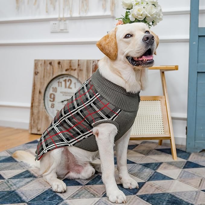 PUPTECK Dog Sweaters for Large Medium Small Dogs - Fall Classic Plaid Style Puppy Holiday Winter Coat Clothes Warm, Grey, S