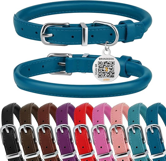 BRONZEDOG Rolled Leather Dog Collar for Small Medium Large Dogs with QR ID Tag (L: 16-18 Inch, Ocean Blue)