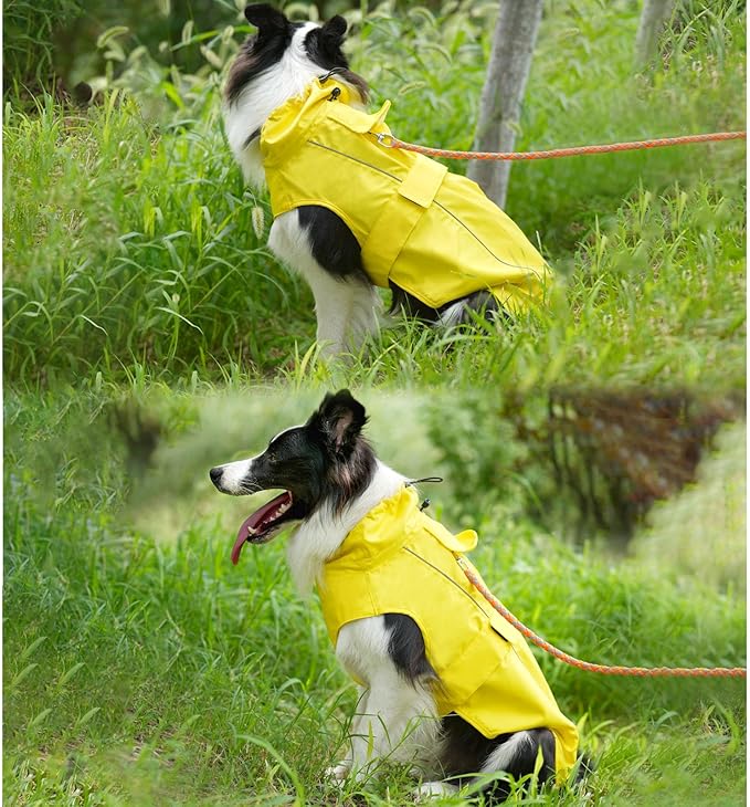 Waterproof Dog Raincoat, Adjustable Lightweight Dog Rain Jacket with Reflective Strip Leash Hole for Small Medium Large Dogs (Yellow, 3X-Large(77-94lb))