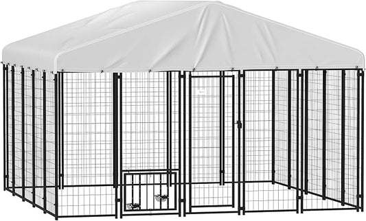 PawHut 10' x 10' x 6.8' Outdoor Dog Kennel, Welded Wire Dog Kennel Outside Run with 360° Rotating & 4 Level Adjustable Bowls, Waterproof & UV Resistant Cover, for S&M&L Breeds, Chickens, Ducks, Silver