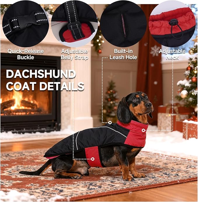 DORA BRIDAL Dachshund Coat, Fleece Lined Dog Winter Coat, Warm Dog Coats with Reflective Strips, Adjustable Waterproof Pet Jacket Clothes, L