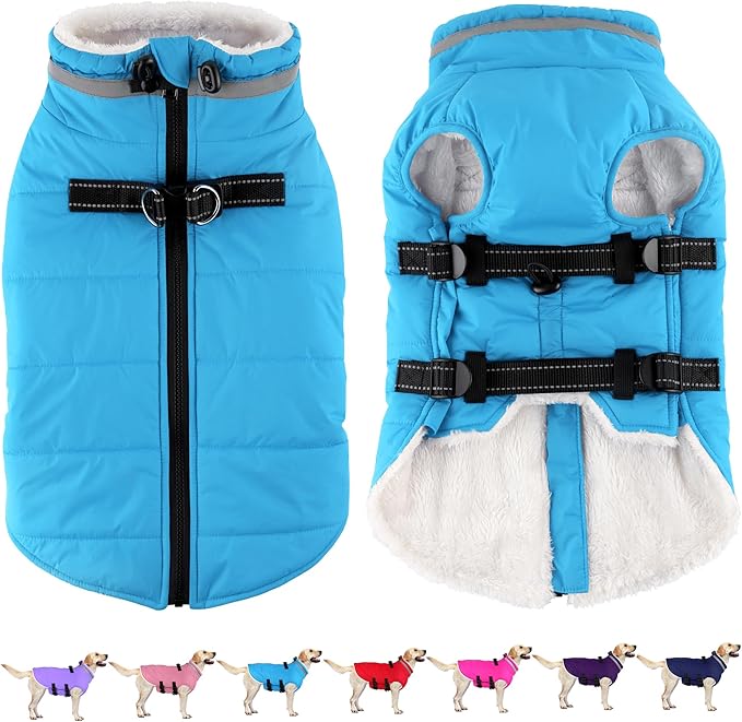 Dogcheer Dog Coat with Harness, Waterproof Dog Jacket Adjustable Pet Winter Coat with Zipper, Christmas Puppy Snow Jacket Fleece Sweater for Small Medium Large Dogs - Sky Blue 2XL