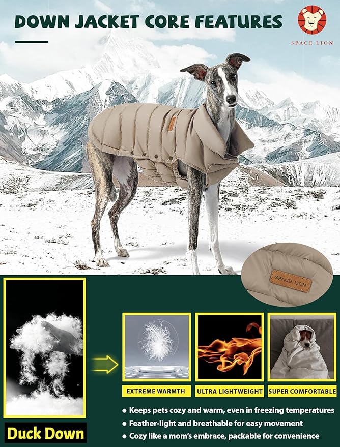 SPACE LION Dog Puffer Jacket, Down Winter Coat, Durable Outdoor Coat for Cold and Windy Conditions, Waterproof, Lightweight Jacket, Adjustable Fit for Small, Medium, Large Dogs(Khaki,12/M)