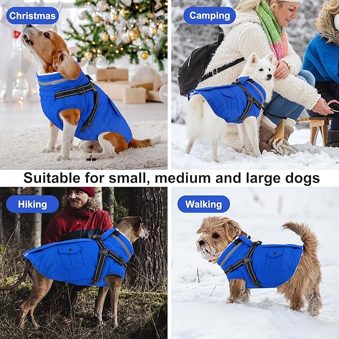 Dogcheer Dog Coat with Harness, Waterproof Warm Dog Winter Jacket with Pockets, Reflective Pet Fleece Jacket Turtleneck Snowsuit for Small Medium Large Dogs - Blue, 3XL