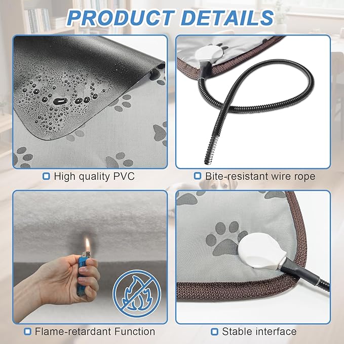 Bestio Heated Dog Bed 34x21in New Smart Thermostatic Switch with Constant-On Functionality UL & MET Dual Certified, Puppy Bed with Steel Cable Protection Tube - Blue