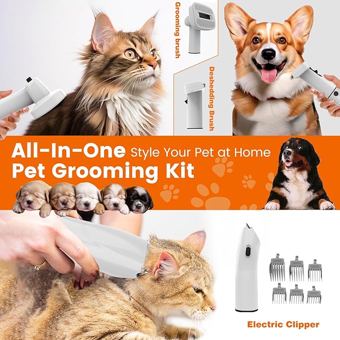 Dog Grooming Vacuum, Dog Grooming Kit with Pet Clippers, 12,000Pa Pet Hair Grooming Vacuum for Dogs, Vacuum Brush for Shedding Grooming, Low Noise Home Cleaning Tool in 1, PG10 Black
