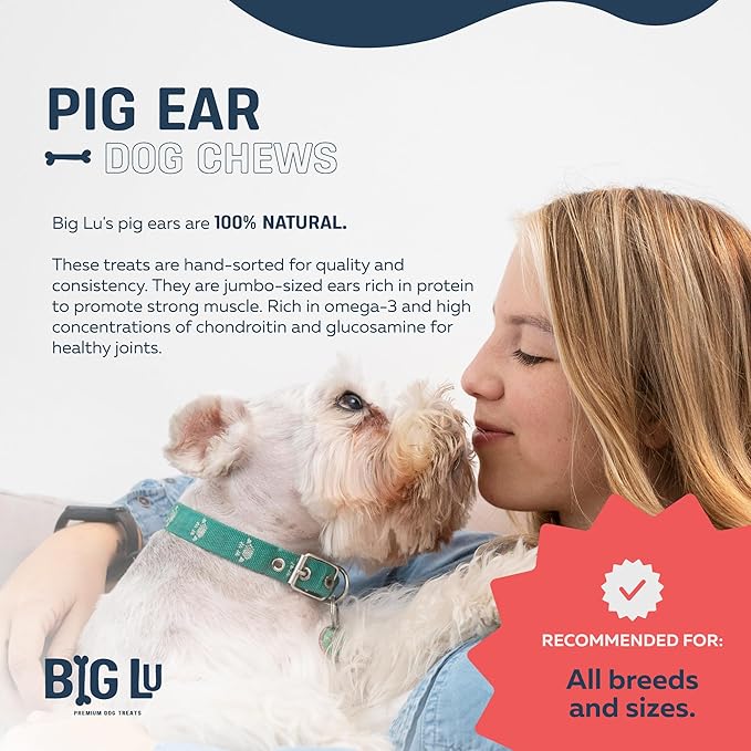 Big Lu – Pig Ear Dog Chews, 12 Count, All-Natural Single-Ingredient Pork Treats, Easily Digestible, Supports Joint Health with Glucosamine and Chondroitin