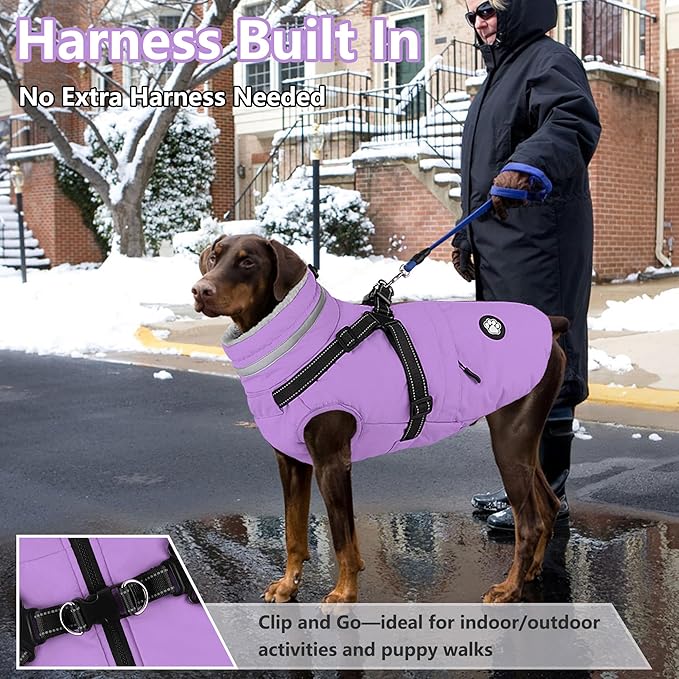 Dogcheer Dog Coat with Harness, Waterproof Dog Jacket, Reflective Puppy Winter Jacket with Pocket, Doggy Turtleneck Fleece Vest for Small Medium Large Dogs - Taro Purple, XL