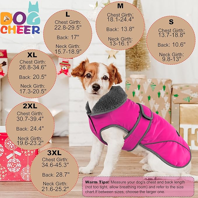 Dogcheer Dog Coat, Waterproof Dog Jacket Reflective Pet Winter Coat with Adjustable Hook & Loop, Christmas Puppy Fleece Jacket Warm Turtleneck Snowsuit for Small Medium Large Dogs - Pink, 3XL