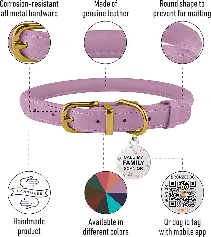 BronzeDog Rolled Leather Dog Collar with QR ID Tag, Adjustable Soft Round Collars for Small Medium Large Dogs Puppy (11" - 14 1/2" Neck Size, Lavender)