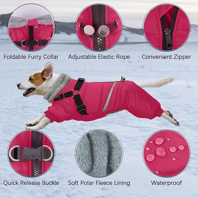 BRKURLEG Dog Winter Coat with Harness Built in, Winter Dog Jacket for Small and Medium Dogs, Small Dogs Snowsuit Reflective Windproof Cold Weather Coat, Puppy Warm Fleece Coats, Hot Pink, M