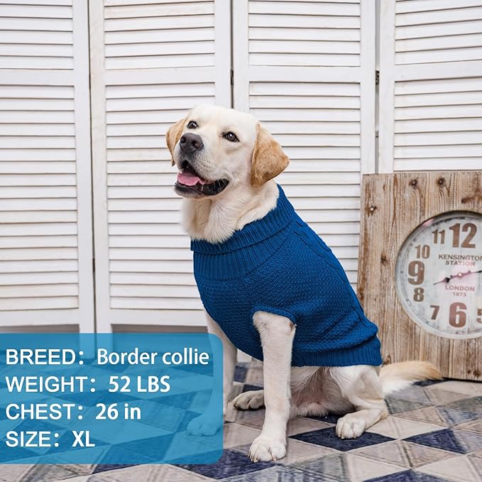 Mihachi Turtleneck Dog Sweater - Winter Coat Apparel Classic Cable Knit Clothes with Leash Hole for Cold Weather, Ideal Gift for Pet in New Year Royal Blue M-Largel
