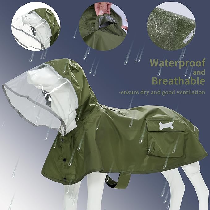 Waterproof Dog Raincoat, Adjustable Reflective Lightweight Pet Rain Clothes with Poncho Hood (Army Green, Medium)