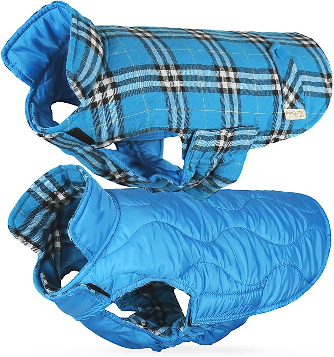 VIVAGLORY Softjoy Dog Coat, Dog Jacket for Winter & Christmas, Coat with Harness Hole & Velcro Closure, Reversible Plaid Checkered Warm Fluffy Heavy Duty for Puppy, L, Blue