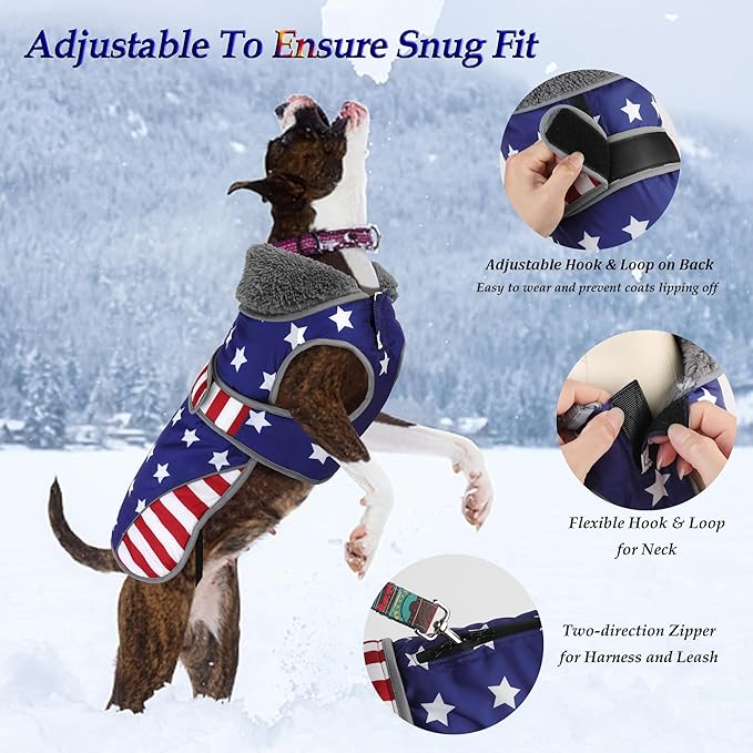 Dogcheer Dog Coat, American Flag Dog Jacket Waterproof Puppy Winter Coat for Cold Weather, Reflective Adjustable Pet Snow Jacket Fleece Sweater for Small Medium Large Dogs - USA Flag, XL