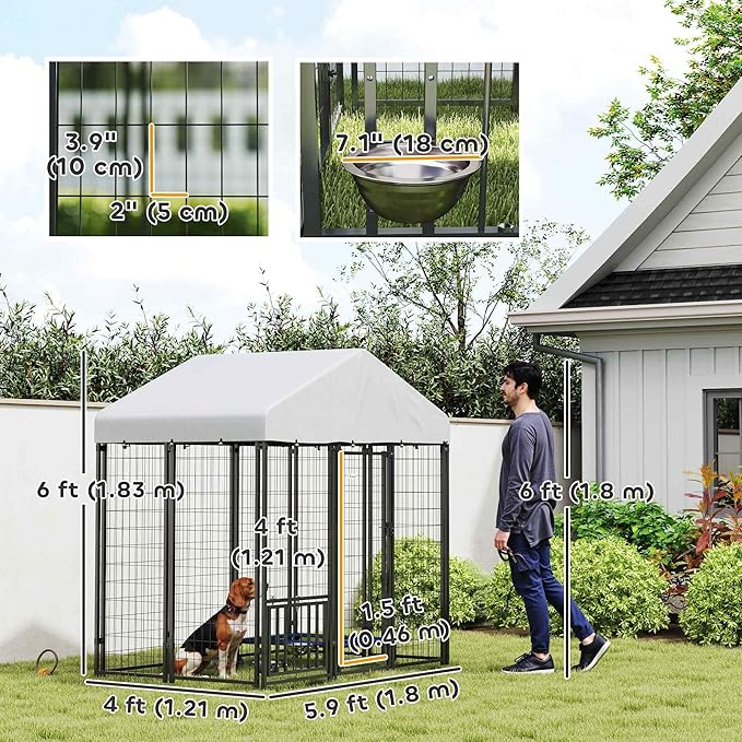PawHut 6' x 4' x 6' Outdoor Dog Kennel, Welded Wire Dog Kennel Outside Run with 360° Rotating & 4 Level Adjustable Bowls, Waterproof & UV Resistant Cover, for S&M Breeds, Chickens, Ducks, Silver