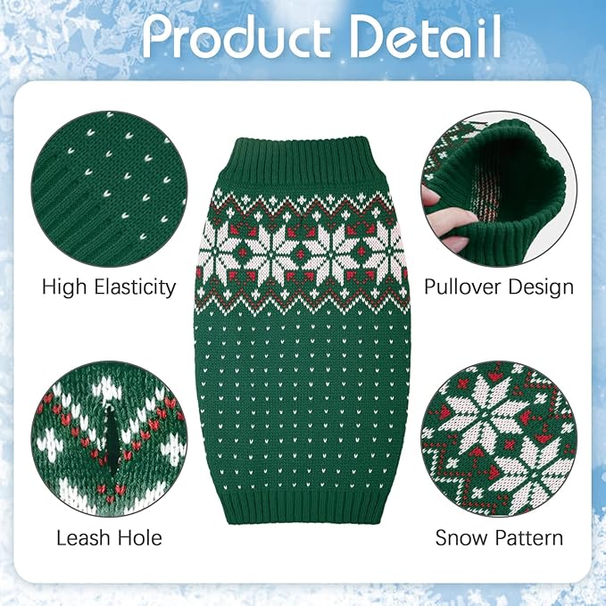 Kuoser Dog Sweater, Holiday Christmas Snowflake Pet Warm Knitwear Dog Sweaters Soft Puppy Clothing, Doggie Turtleneck Cold Weather Outfit Pullover for Small Medium Large Dogs Cats, Green 2XL