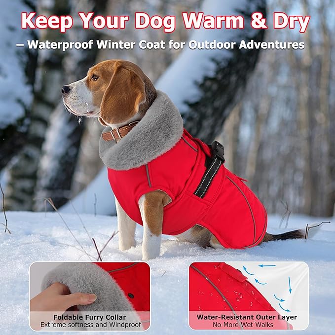 Dogcheer Dog Coat with Pocket, Waterproof Dog Jacket with Adjustable Buckle, Reflective Puppy Winter Coat Warm Turtleneck Fleece SnowJacket for Small Medium Large Dogs - Red 3XL