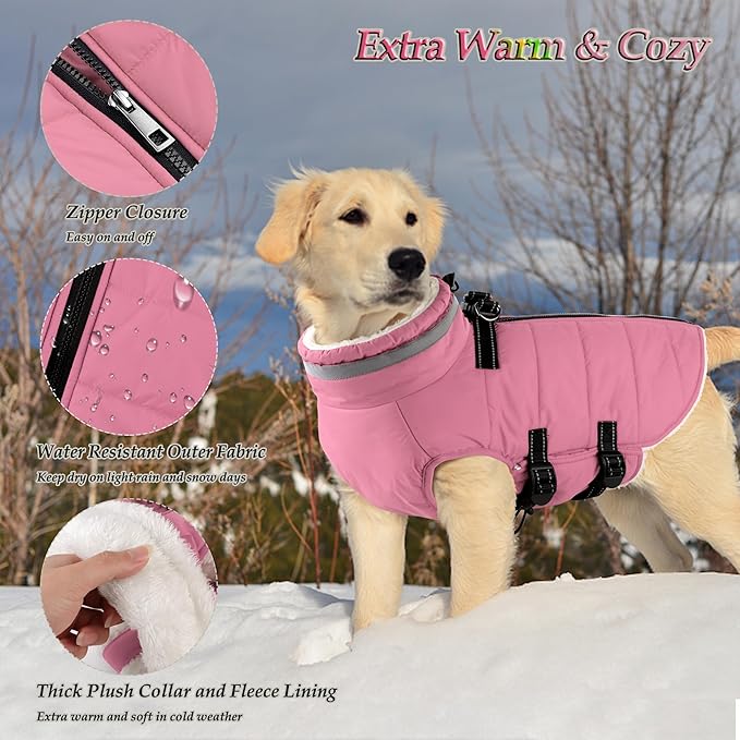 Dogcheer Dog Coat with Harness, Waterproof Dog Jacket Adjustable Winter Coat with Zipper, Christmas Puppy Snow Jacket Fleece Sweater for Small Medium Large Dogs - Light Pink XL
