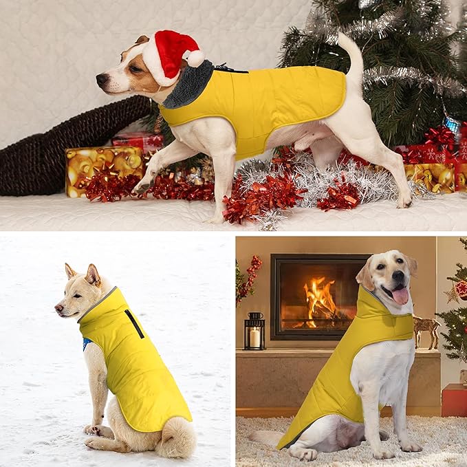 Dog Winter Coat, Waterproof Dog Jacket with Leash Hole, Reflective Adjustable Pet Snow Vest, Warm Fleece Sweater for Small Medium Large Dogs - Yellow, S