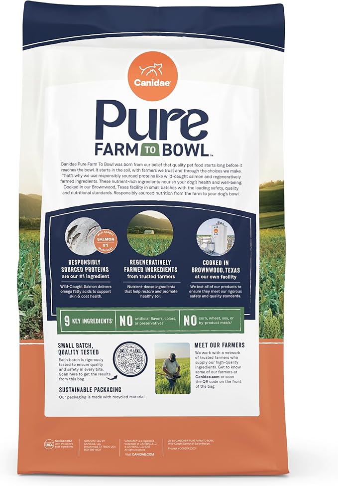 CANIDAE Pure Farm to Bowl Wild-Caught Salmon & Barley, Adult, Dry Dog Food, 22lb
