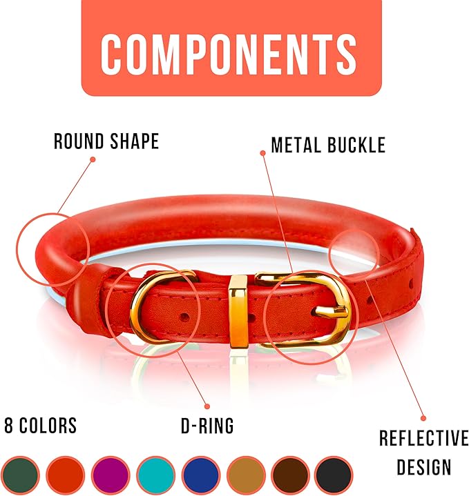 OOPSDOGGY Reflective Rolled Leather Dog Collar Adjustable Soft Padded Pet Collar for Small Medium Large Breed Dogs (Red, XL, 17"-21")