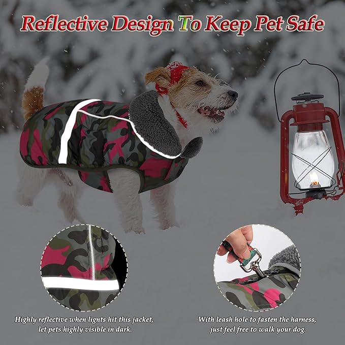 Dogcheer Warm Dog Coat, Waterproof Dog Jacket Reflective Adjustable Puppy Winter Coat with Buckle, Christmas Pet Snow Jacket Turtleneck Fleece Sweater for Small Medium Large Dogs - Camo Pink, L