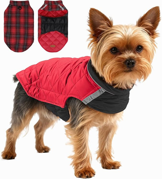 Quilted Dog Winter Coat, Plaid Lined Reversible Vest, Reflective Safety Strip, Cold Weather Pet Apparel Red M
