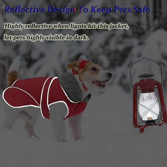 Dogcheer Dog Coat, Waterproof Dog Jacket Reflective Pet Winter Coat with Adjustable Hook & Loop, Christmas Puppy Fleece Jacket Warm Turtleneck Snowsuit for Small Medium Large Dogs - Red, M