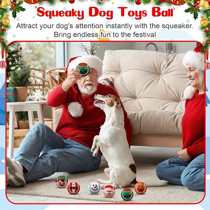 Civaner 6 Pcs Christmas Squeaky Tennis Balls for Dogs 2.5 Inch Bulk Dog Toys Ball for Small Medium Large Dogs Puppy Chew Teething Toy Interactive Training Xmas Gifts Stocking Stuffers (Santa)