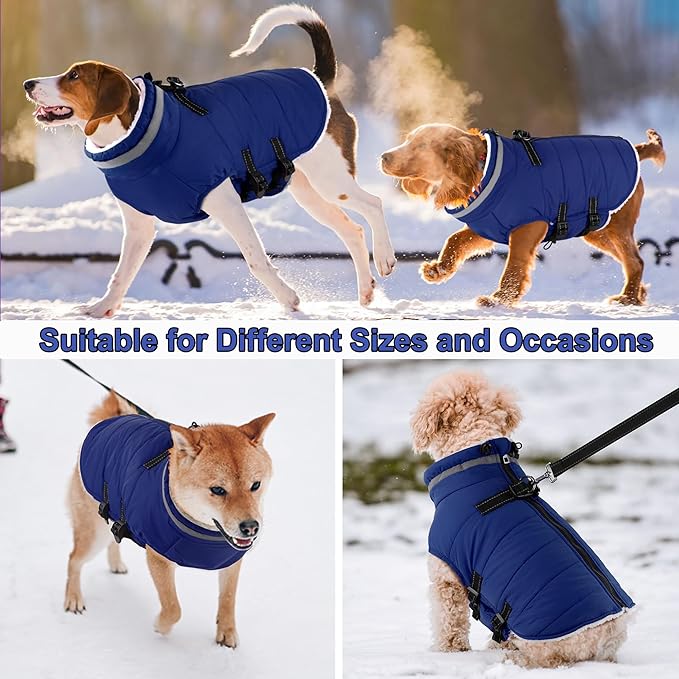 Dogcheer Dog Coat, Waterproof Dog Jacket with Harness, Reflective Adjustable Puppy Winter Coat with Zipper, Christmas Snow Jacket Clothes for Small Medium Large Dogs - Blue XL