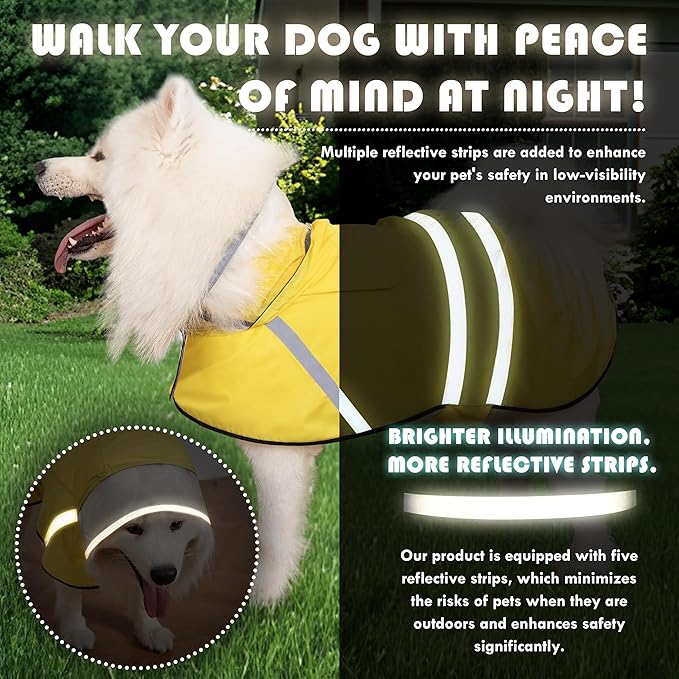 Dog Raincoat, Adjustable Rain Jacket with Hooded Double Layer for Large Medium Small Dogs Puppies, Lightweight Waterproof Rain Coat Poncho with Reflective Stripe Yellow,XL