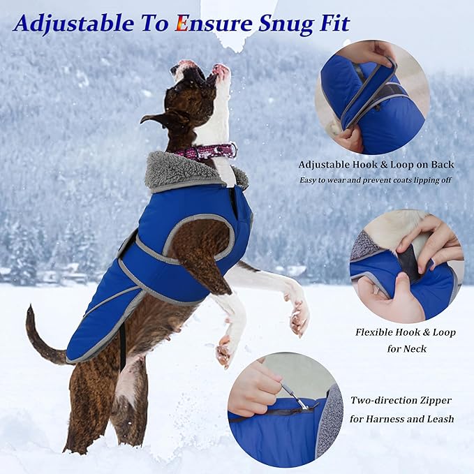 Dogcheer Dog Coat, Waterproof Dog Jacket Reflective Pet Winter Coat with Adjustable Hook & Loop, Christmas Puppy Fleece Jacket Warm Turtleneck Snowsuit for Small Medium Large Dogs - Blue, L