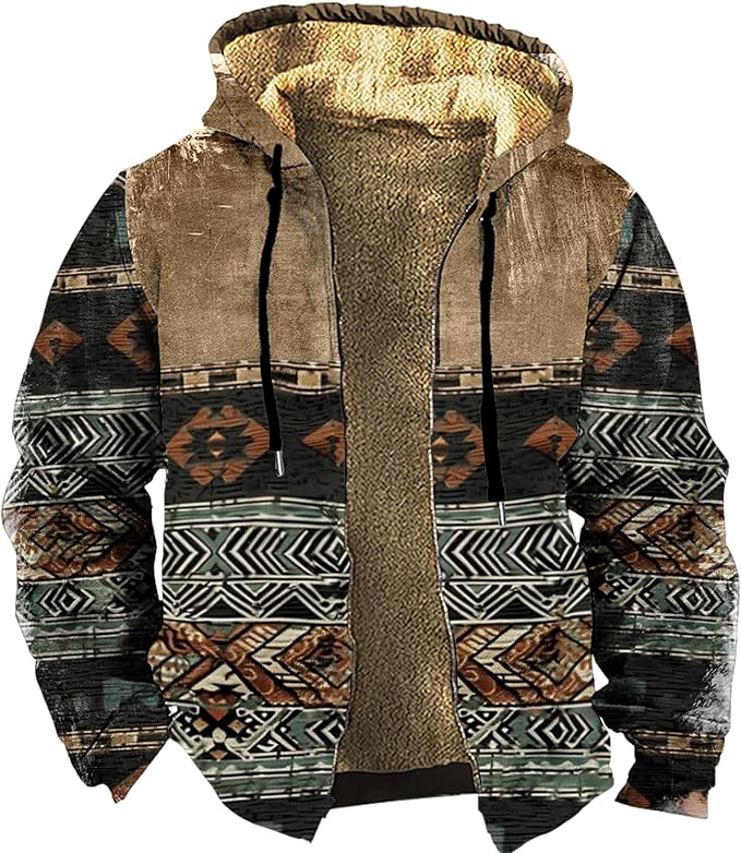 Men's Zip Up Jackets Western Style Ethnic Hoodie Hooded Vintage Long Sleeve Warm Coat Winter Outfits