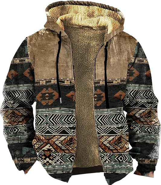 Men's Zip Up Jackets Western Style Ethnic Hoodie Hooded Vintage Long Sleeve Warm Coat Winter Outfits