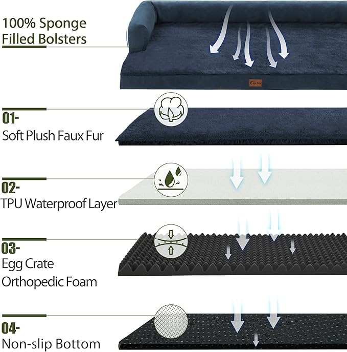 Orthopedic Dog Beds for Extra Large Dogs, Waterproof Egg Crate Foam XL Dog Bed with Sides 45 * 35Inch, Big Dogs Couch Beds with Removable Washable Cover and Nonskid Bottom, Navy Blue