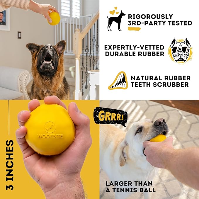 Indestructible Dog Ball - Lifetime Replacement - Durable Dog Toy for Aggressive Chewers - Safe, Non-Toxic Natural Rubber - Chew & Fetch - Tough, Heavy Duty - 3” (Tennis Ball Size)