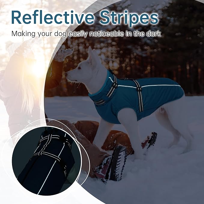 PUMYPOREITY Winter Fleece Coat for Small Dogs, Reflective Dog Jacket with Harness Built in, Waterproof Warm Coat for Dogs, Cold Weather Coats for Outdoor, Therma Windproof Pet Snowsuit, Blue,XS