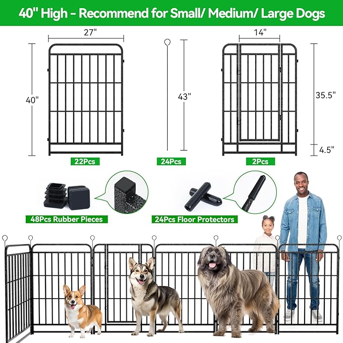 Square Steel Pipe Dog Fence Outdoor 24 Piece Panels 40" Height Anti-Rust Heavy Duty Dog Playpen with Doors Portable for Yard RV Camping, Total 54FT, 227 Sq.ft, Snowy Black