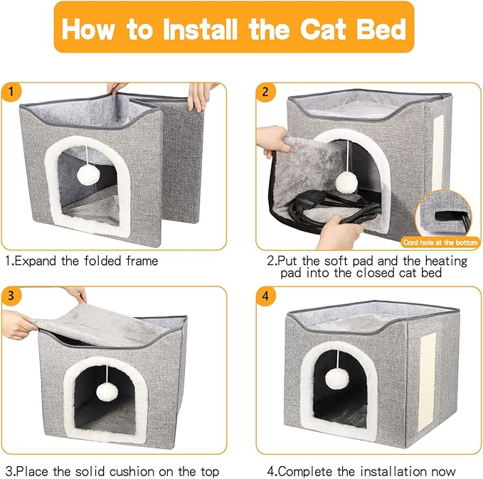 Heated Cat Bed for Indoor Cats, Foldable Cat House with Removable Heating Pad for Cats Small Dog Covered Cat Bed Cave Kitty Hideaway with with Scratch Pad, All Season Use