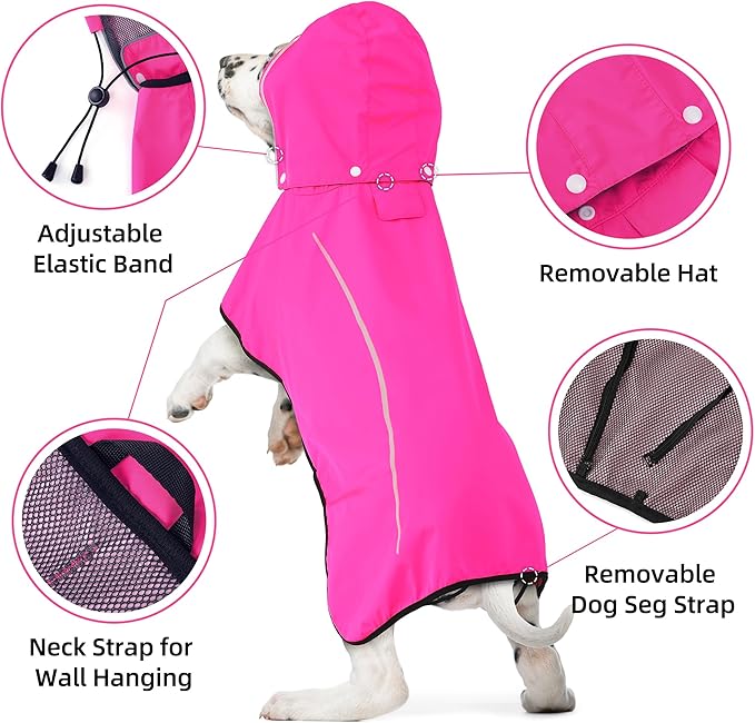 Mile High Life Dog Raincoat, Adjustable Waterproof Pet Rain Jacket, Reflective Hooded Poncho for Small Medium Large Dogs, Lightweight Breathable Pet Rain Coat (Hot Pink,M Chest 22"-28")