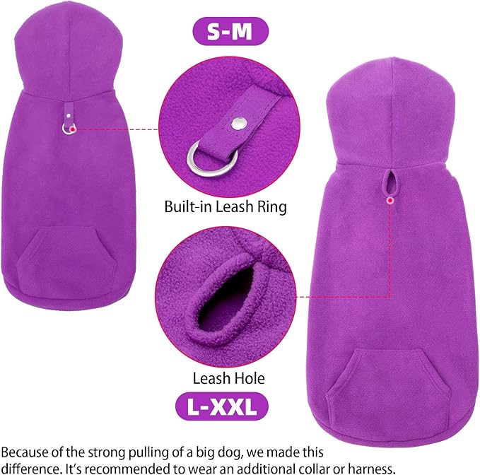 EXPAWLORER Dog Hoodie Fleece Sweater Vest, Hooded Dog Sweatshirt Fall Winter Pet Clothes with Leash Hole, Sleeveless Warm Cozy Puppy Clothing for Cat Small Medium Large Dogs Girl Boy, Purple L
