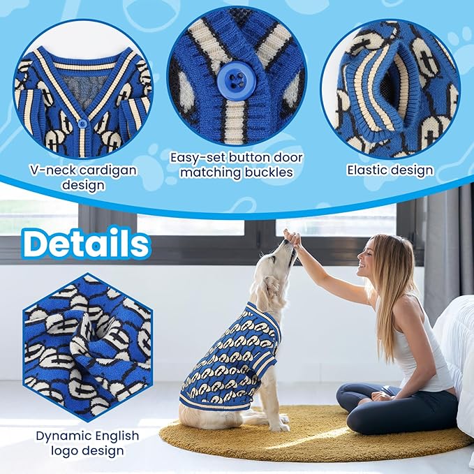 Pet Sweaters for Dogs Boys and Girls, Dynamic Letter Patterned Dog Sweater,Dog Cardigan,Pet Clothes,Pet Knitted Clothing,Fit for Different Seasons and Kinds of Dogs(Blue M)