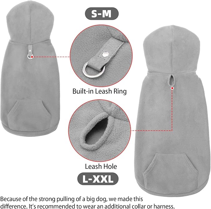 EXPAWLORER Dog Hoodie Fleece Sweater Vest, Hooded Dog Sweatshirt Fall Winter Pet Clothes with Leash Ring, Sleeveless Warm Cozy Puppy Clothing for Cat Small Medium Large Dogs Girl Boy, Grey M