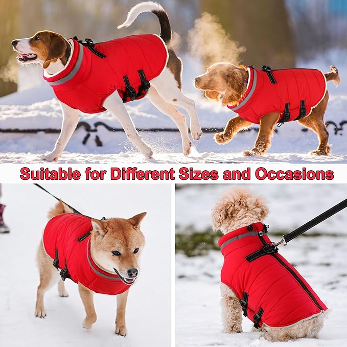 Dogcheer Dog Coat with Harness, Waterproof Dog Jacket Adjustable Pet Winter Coat with Zipper, Christmas Puppy Snow Jacket Fleece Sweater for Small Medium Large Dogs - Red L