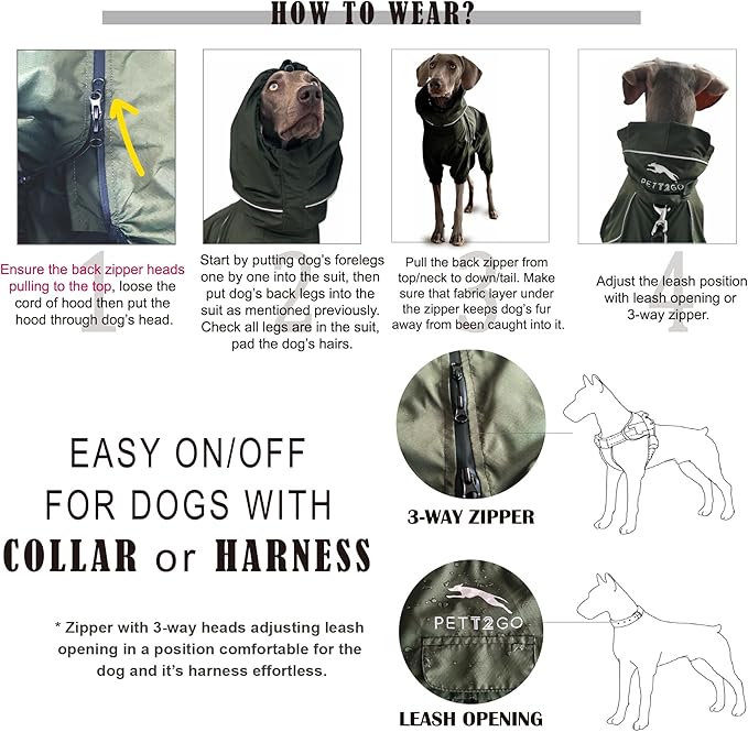 Dog Lightweight Windbreaker, Dog Outdoor 4-Legs Jacket, 0.5 lbs,Durable Water Repellent, Hooded, Easy on/Off with Collar and Harness, Reflective, Packable,Dark Olive (Medium)
