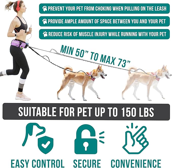 PetAmi Hands Free Dog Leash, Running Leash Belt Bag for Walking, Jogging, Waist Double Zipper Pouch with Poop Dispenser, Dual Padded Handles Reflective Bungee Double, Purple, 2 Leashes