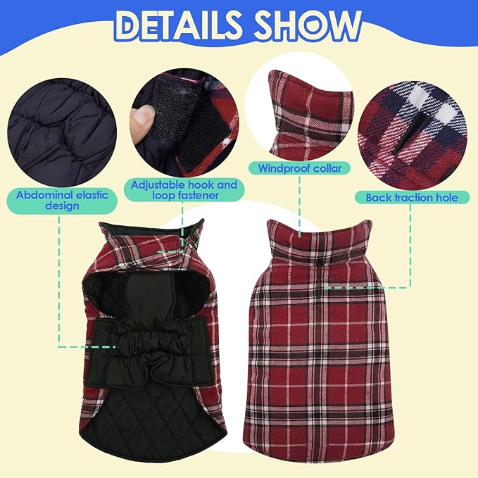 MIGOHI Reversible Dog Coat, Windproof & Waterproof Jacket for Cold Weather, British Style Plaid Coat for Small Dogs, Red, S