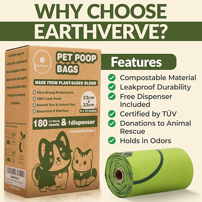 Dog & Cat Compostable Poop Bags (180 Counts w/Dispenser) - Plant Based, Enhanced Leak-Resistant, Odor-Resistant & Durable – Unscented,Sustainable Cleanup Solution –10% to Animal Rescue
