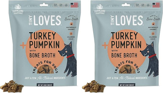 Farmland Traditions Tiny Loves Jerky Trainer Treats for Dogs w/Bone Broth (Turkey & Pumpkin, 16 oz.) (Pack of 2)